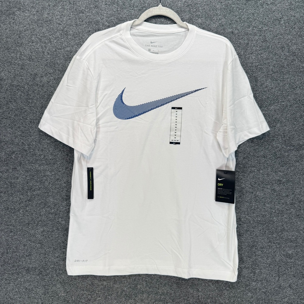 Nike TShirt Mens Medium White Blue Striped Swoosh Dri-FIT Active Gym Fit NEW